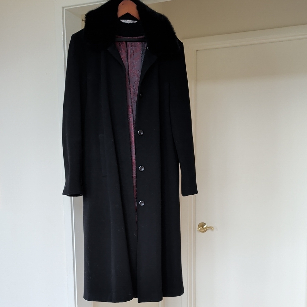 Laura Ashley black wool blend coat with detachable faux fur collar (UK14, US10)